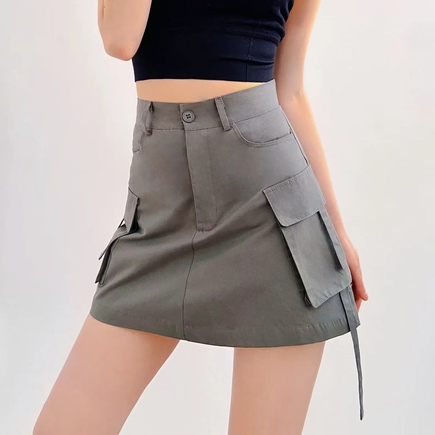 Elevated Rise Solid Pocket Cargo A-Line Mini Skirt