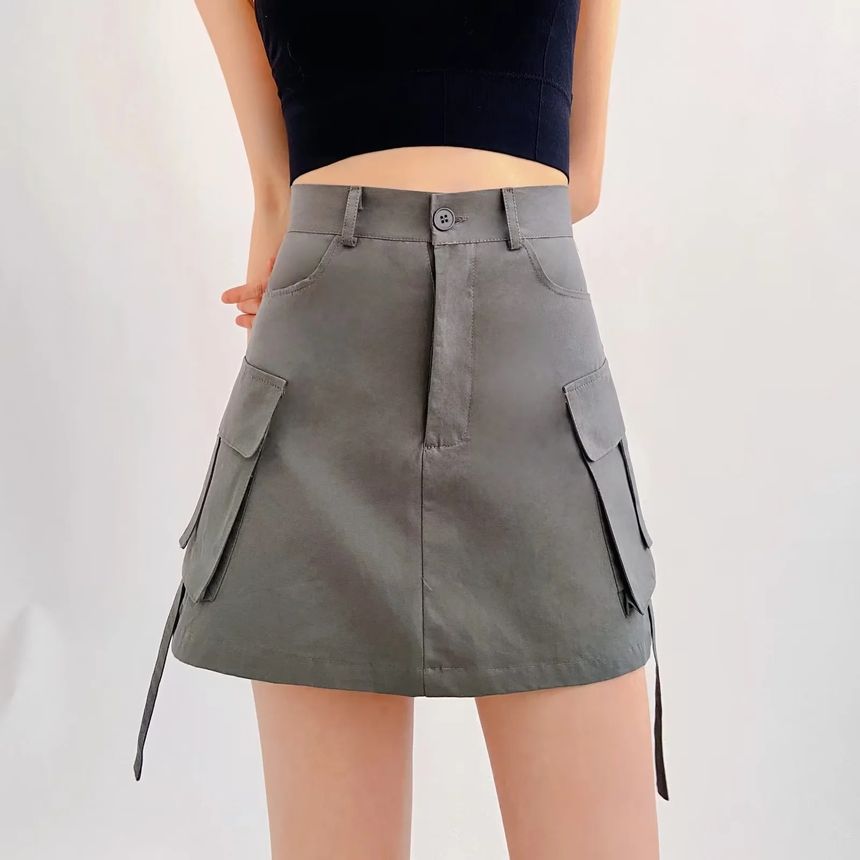 Elevated Rise Solid Pocket Cargo A-Line Mini Skirt