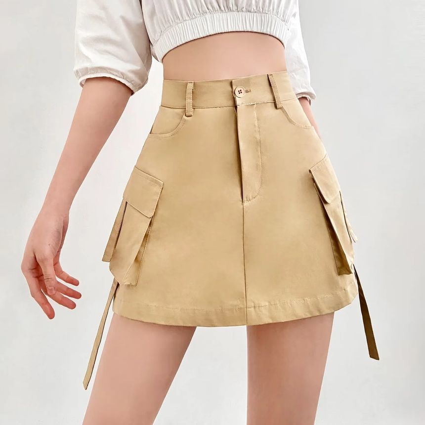 Elevated Rise Solid Pocket Cargo A-Line Mini Skirt