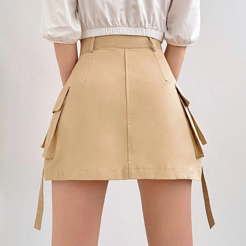 Elevated Rise Solid Pocket Cargo A-Line Mini Skirt