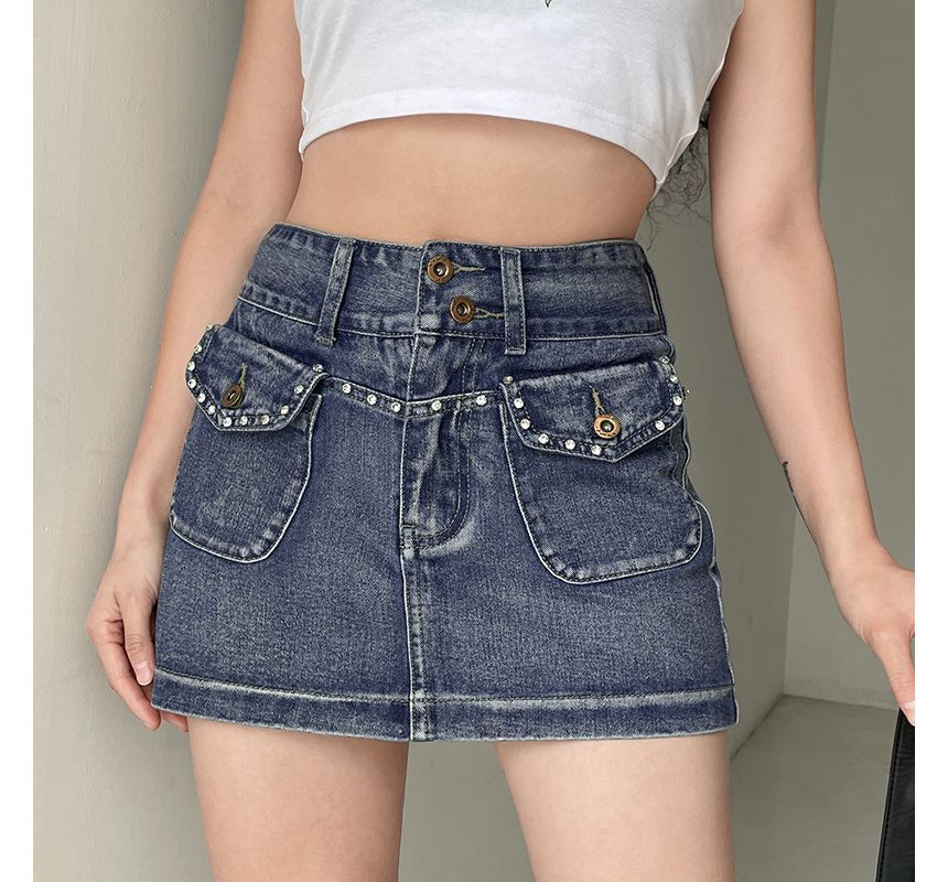Mid Waist Studded Denim Mini Skirt