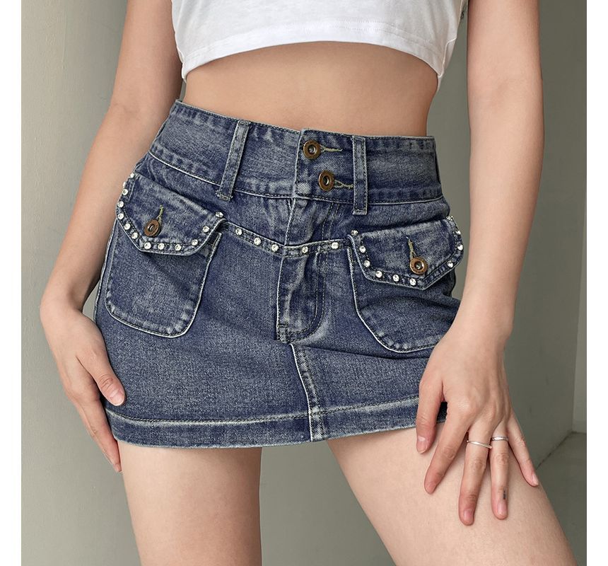 Mid Waist Studded Denim Mini Skirt