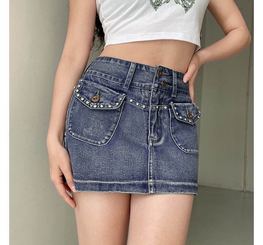 Mid Waist Studded Denim Mini Skirt