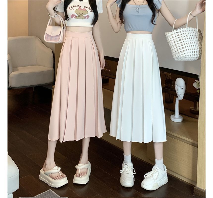 Pleated Midi A-Line Skirt with High-Rise Solid Fabric