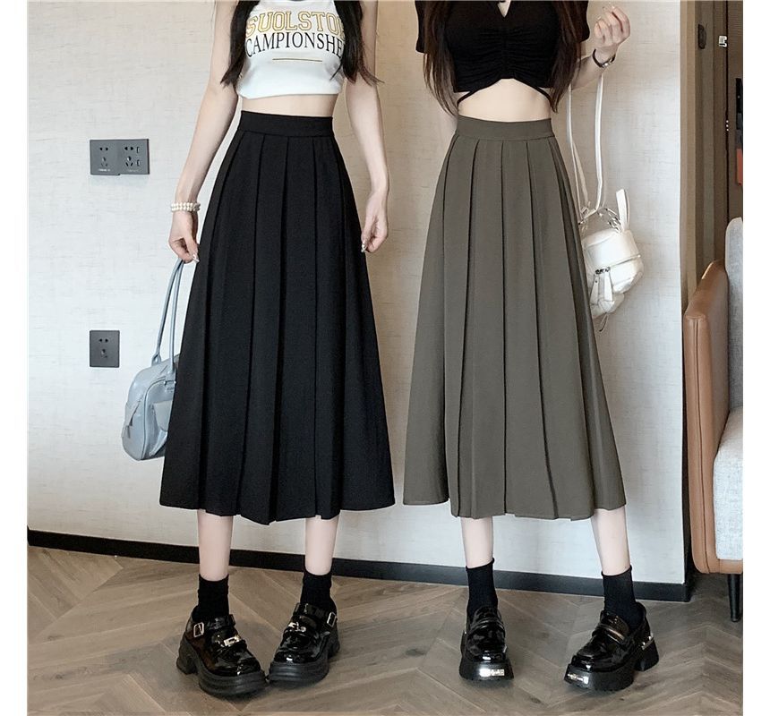 Pleated Midi A-Line Skirt with High-Rise Solid Fabric