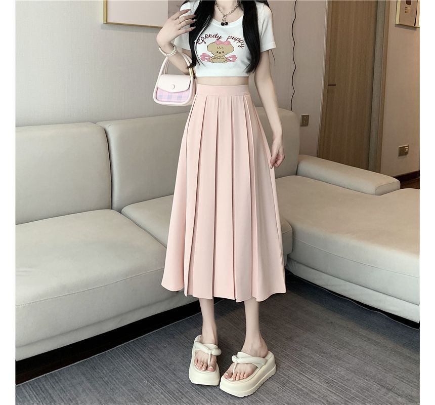 Pleated Midi A-Line Skirt with High-Rise Solid Fabric