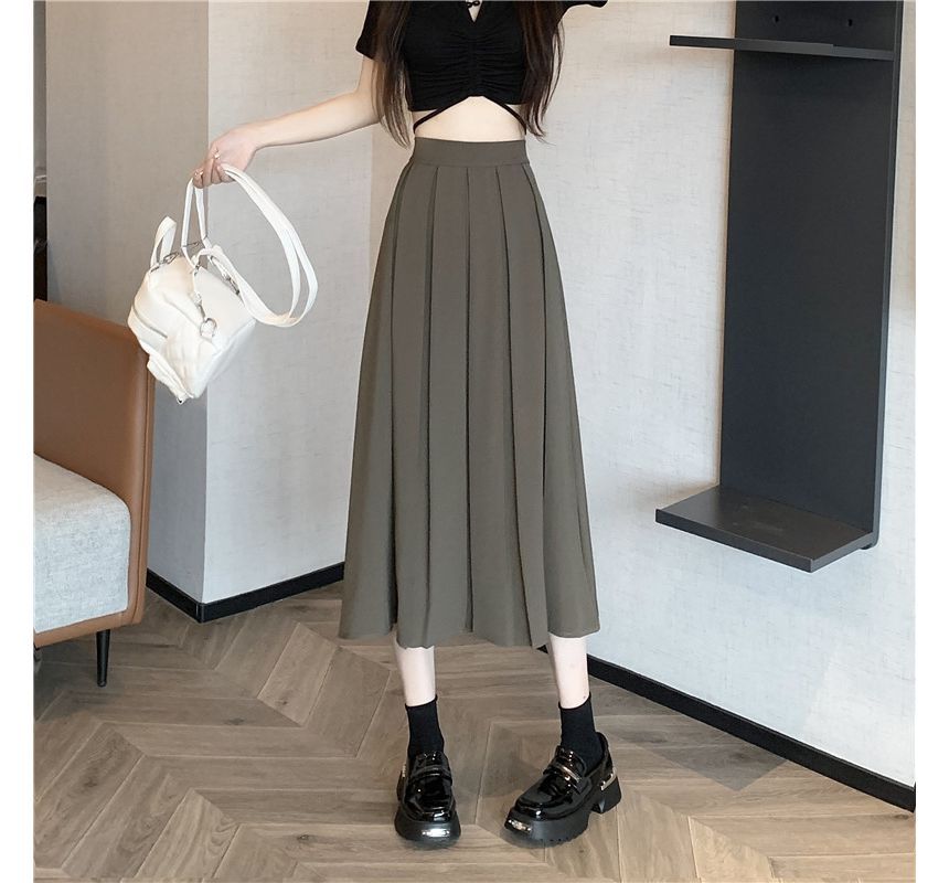 Pleated Midi A-Line Skirt with High-Rise Solid Fabric
