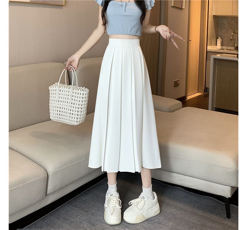 Pleated Midi A-Line Skirt with High-Rise Solid Fabric