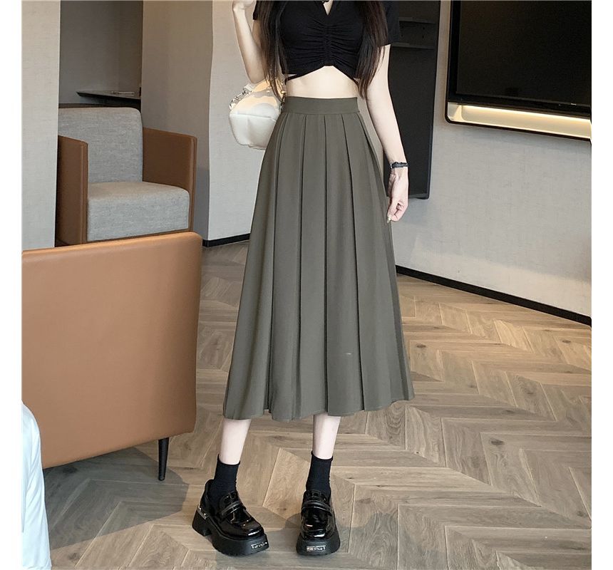 Pleated Midi A-Line Skirt with High-Rise Solid Fabric