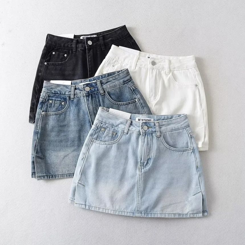 Elevated Rise Slit Denim A-Line Mini Skirt