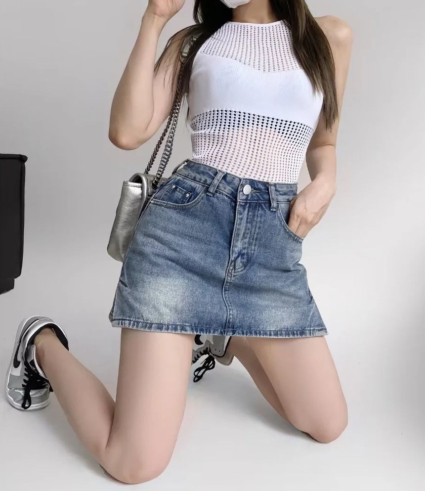 Elevated Rise Slit Denim A-Line Mini Skirt