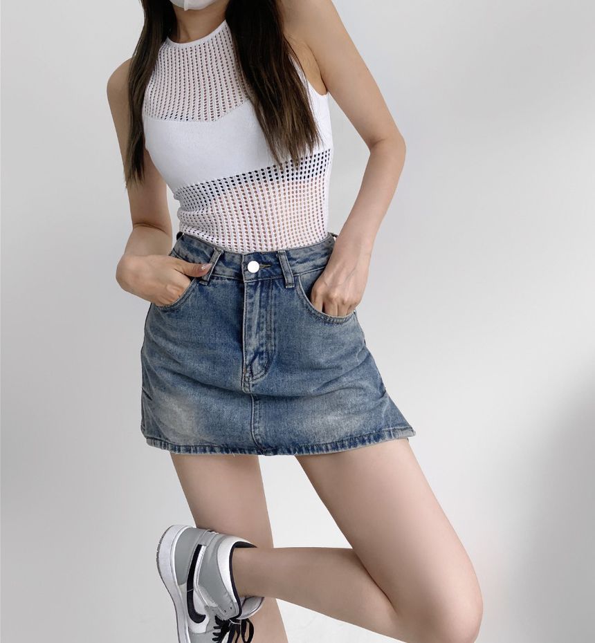 Elevated Rise Slit Denim A-Line Mini Skirt