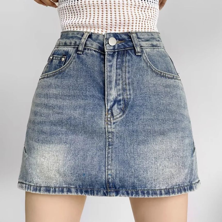 Elevated Rise Slit Denim A-Line Mini Skirt