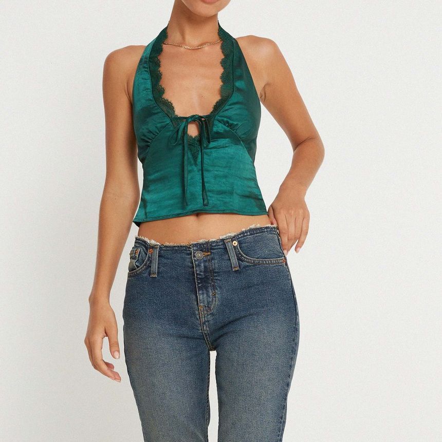 Halter Bow Accent Lace-Trim Crop Top