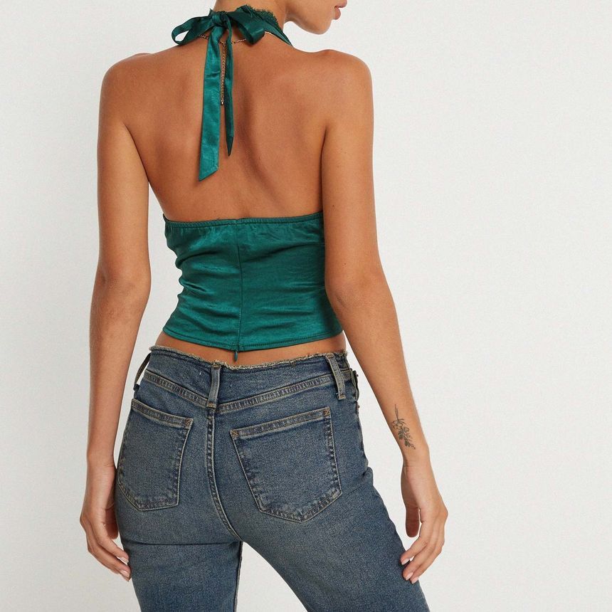 Halter Bow Accent Lace-Trim Crop Top