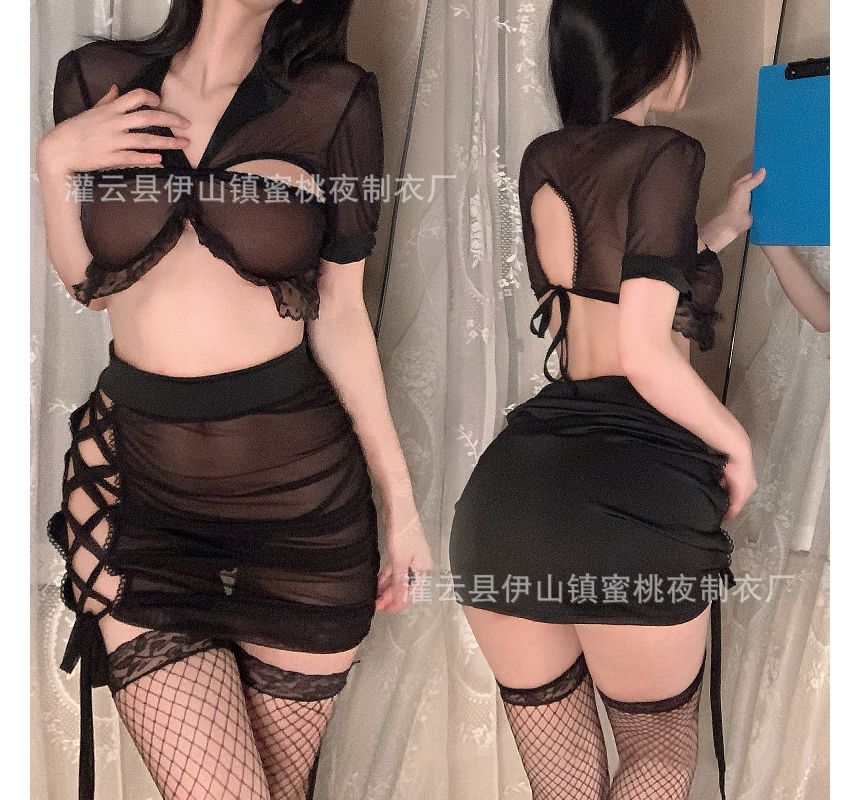 Mesh Cutout Crop Top with Mini Skirt and Accessories Set