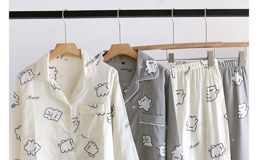 Couple Matching Pajama Set: Long-Sleeve Cartoon Print Button Top + Pants (Various Designs)