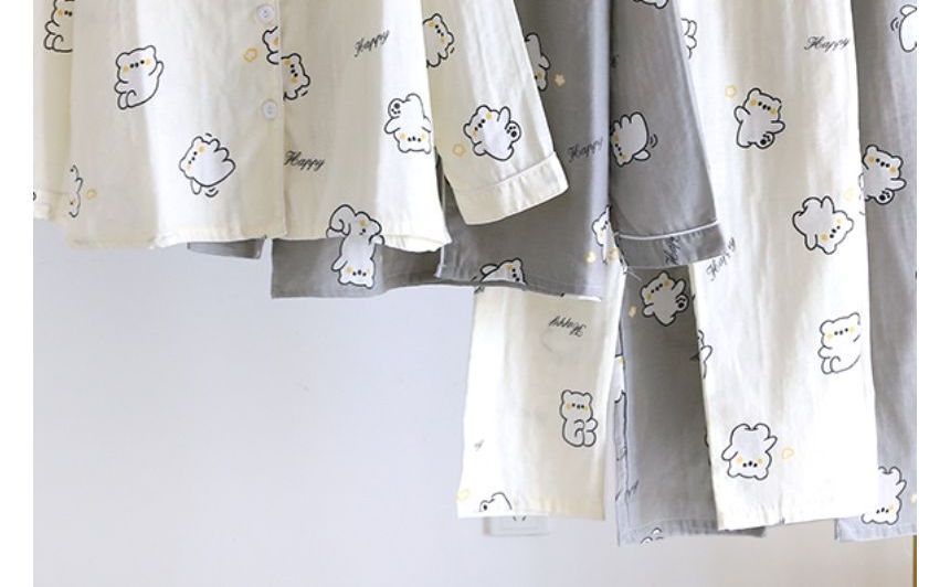 Couple Matching Pajama Set: Long-Sleeve Cartoon Print Button Top + Pants (Various Designs)