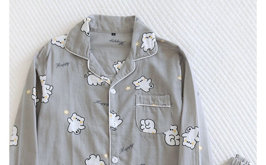 Couple Matching Pajama Set: Long-Sleeve Cartoon Print Button Top + Pants (Various Designs)