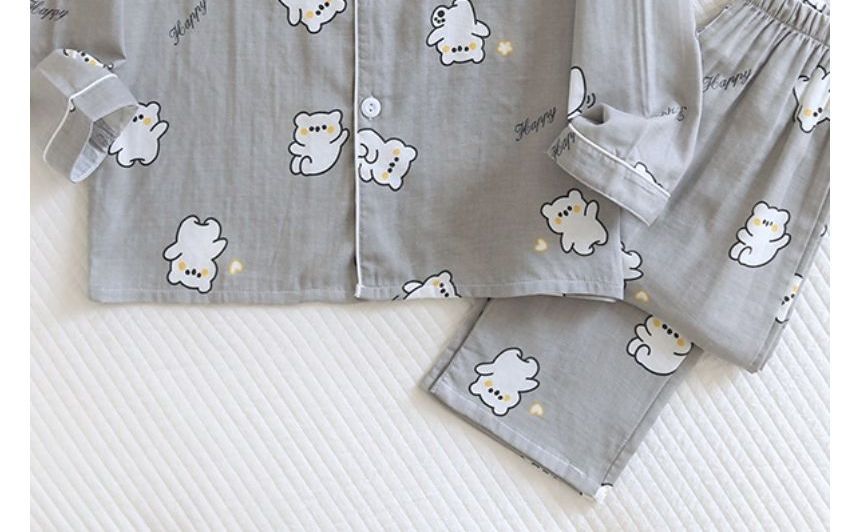 Couple Matching Pajama Set: Long-Sleeve Cartoon Print Button Top + Pants (Various Designs)