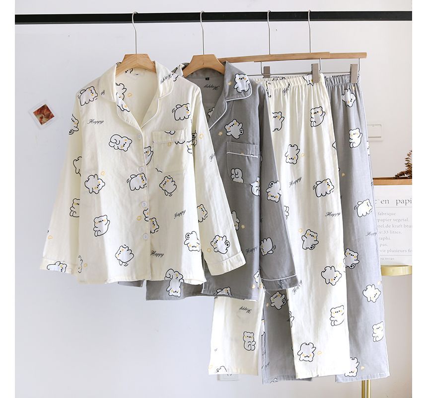Couple Matching Pajama Set: Long-Sleeve Cartoon Print Button Top + Pants (Various Designs)