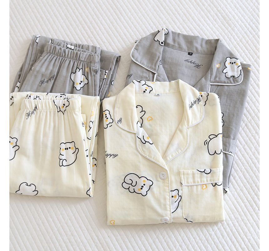 Couple Matching Pajama Set: Long-Sleeve Cartoon Print Button Top + Pants (Various Designs)