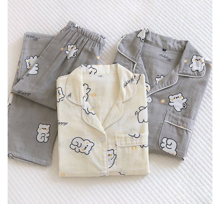 Couple Matching Pajama Set: Long-Sleeve Cartoon Print Button Top + Pants (Various Designs)