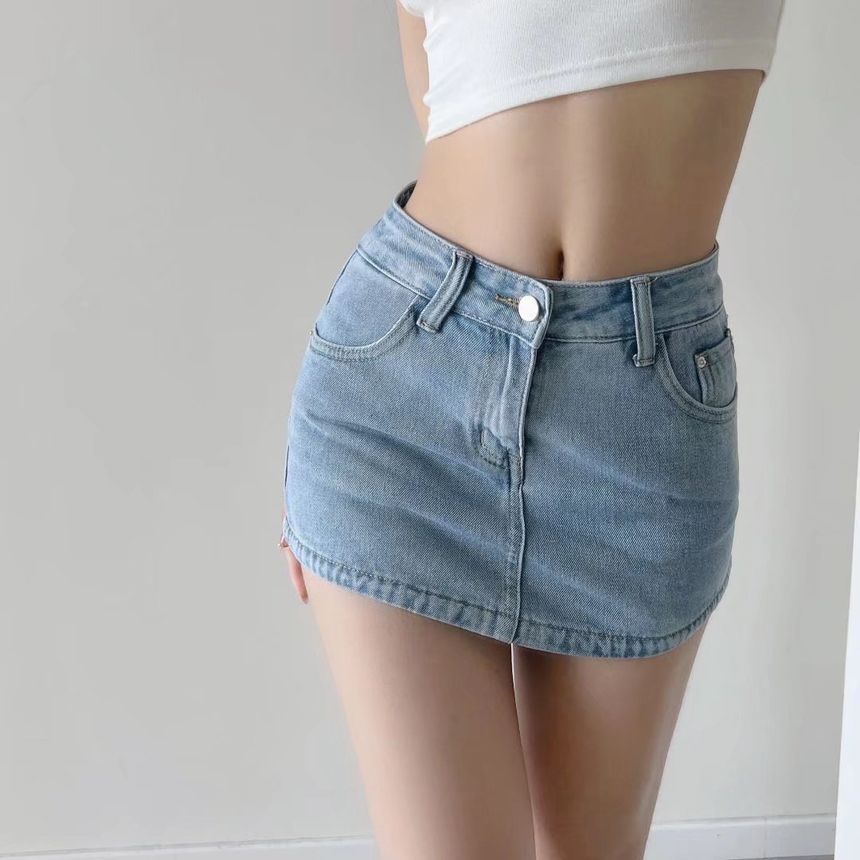 Mid Rise Denim Pencil Mini Skirt