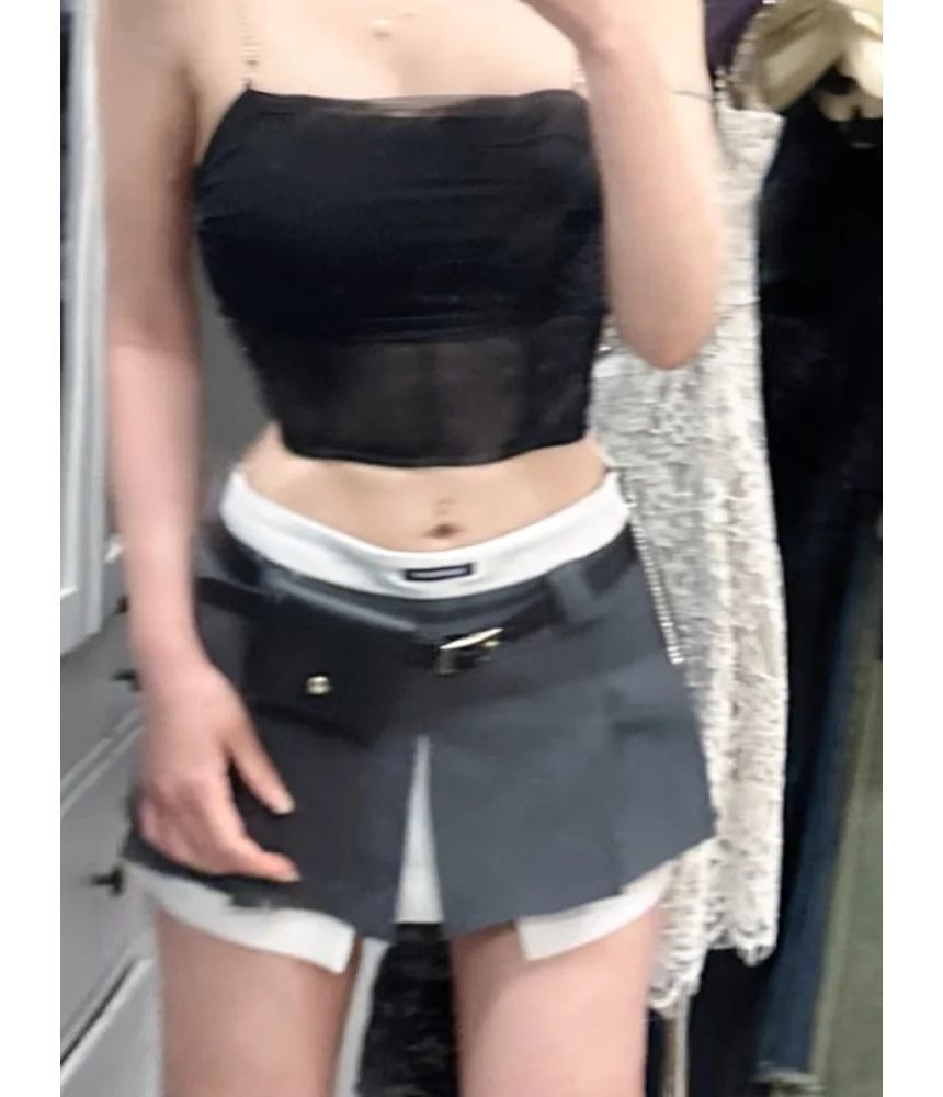 Elevated Waist Color-Block Pleated A-Line Mini Skirt