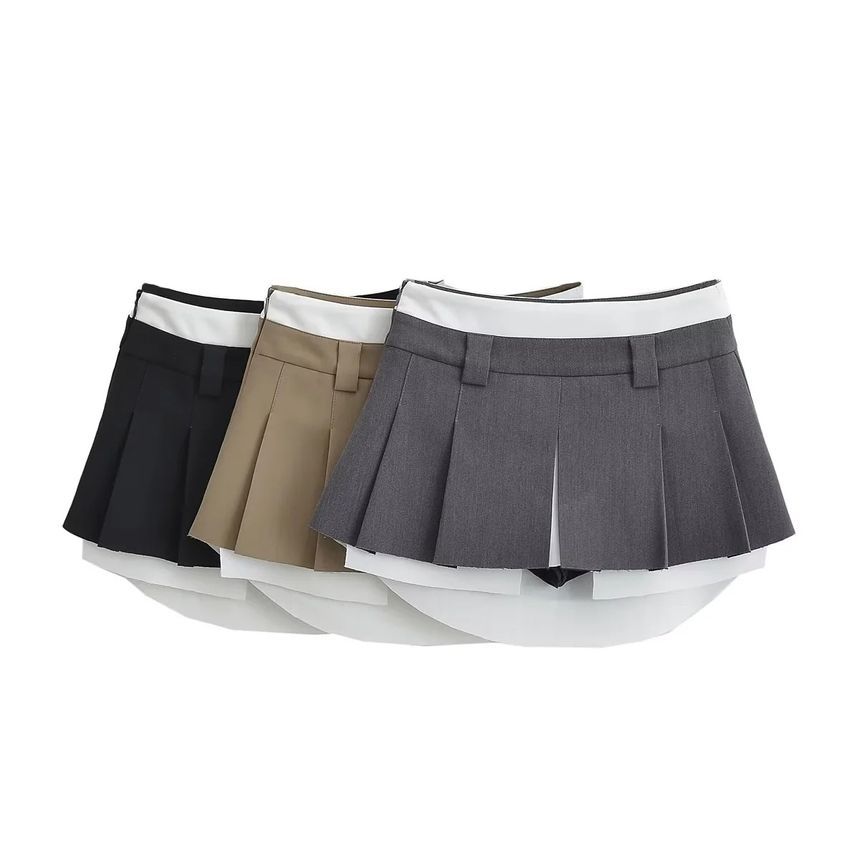 Elevated Waist Color-Block Pleated A-Line Mini Skirt