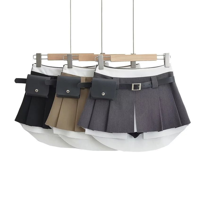 Elevated Waist Color-Block Pleated A-Line Mini Skirt
