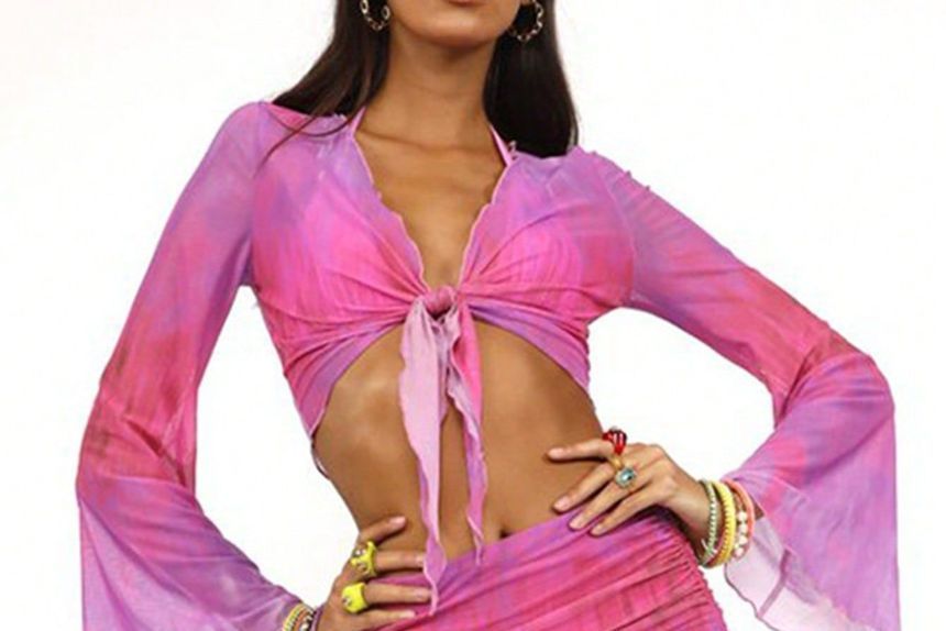 Tie-Dye Crop Top with Flared Sleeves and Mini Pencil Skirt Set