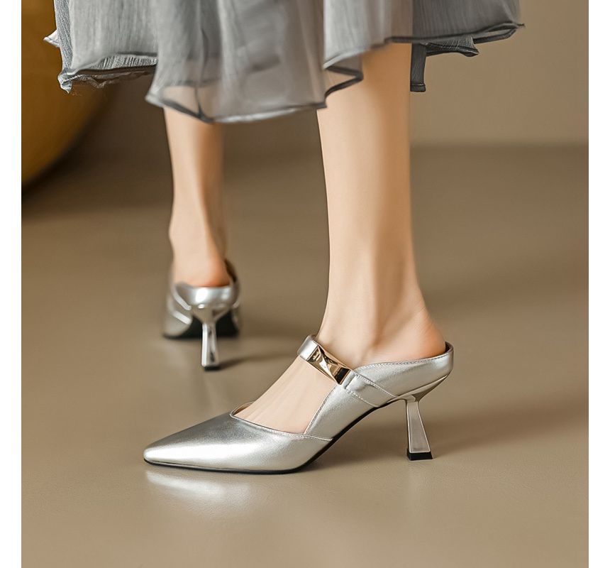 Pointed-Toe Mary Jane Heeled Mules
