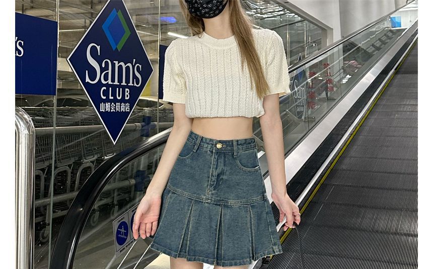 Elevated Rise Washed Pleated Denim A-Line Mini Skirt