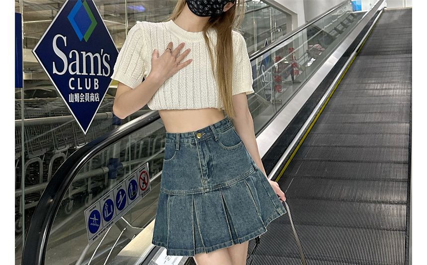 Elevated Rise Washed Pleated Denim A-Line Mini Skirt