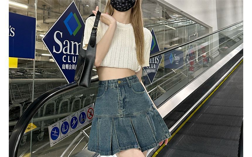 Elevated Rise Washed Pleated Denim A-Line Mini Skirt