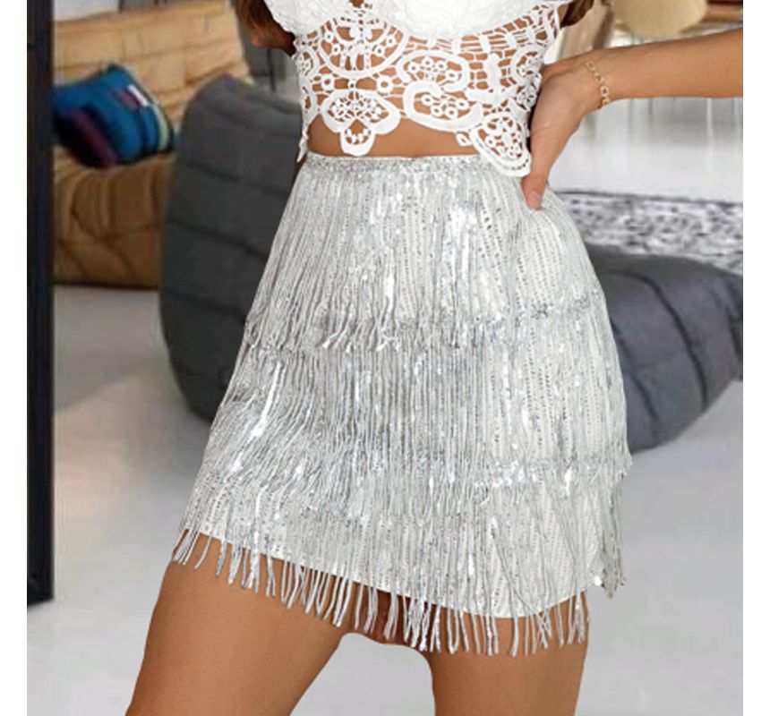 Elevated Waist Fringed Pencil Mini Skirt