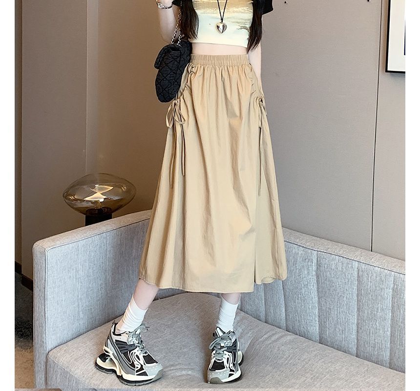 Elevated Rise Solid Drawstring A-Line Midi Skirt
