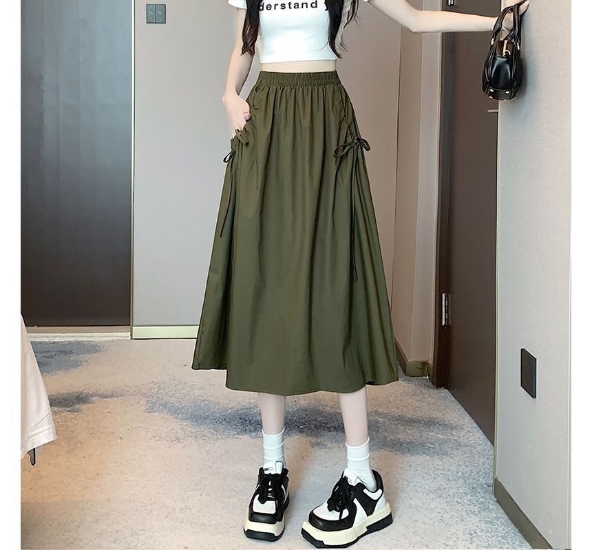 Elevated Rise Solid Drawstring A-Line Midi Skirt