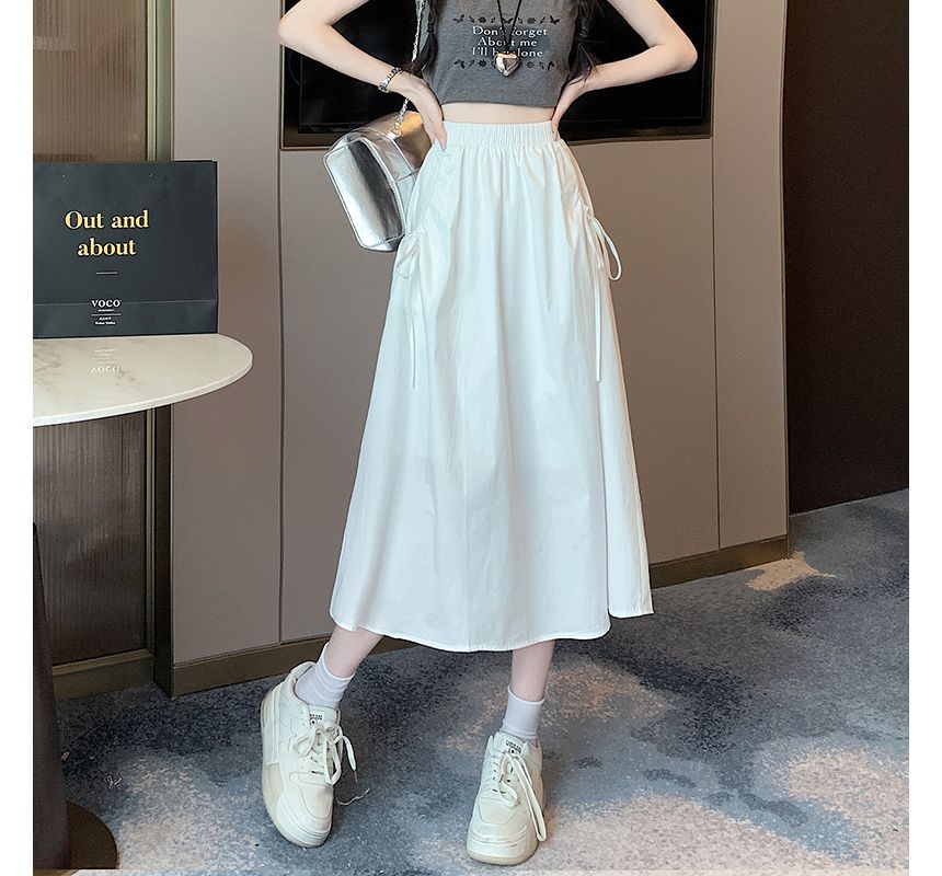 Elevated Rise Solid Drawstring A-Line Midi Skirt