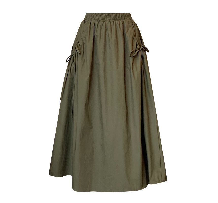 Elevated Rise Solid Drawstring A-Line Midi Skirt