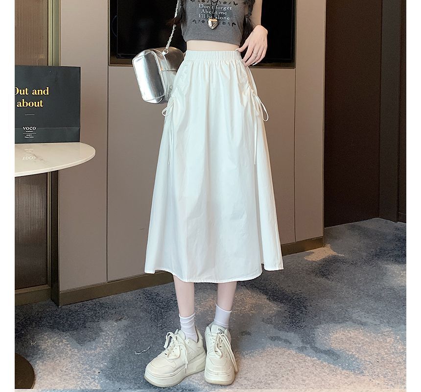 Elevated Rise Solid Drawstring A-Line Midi Skirt