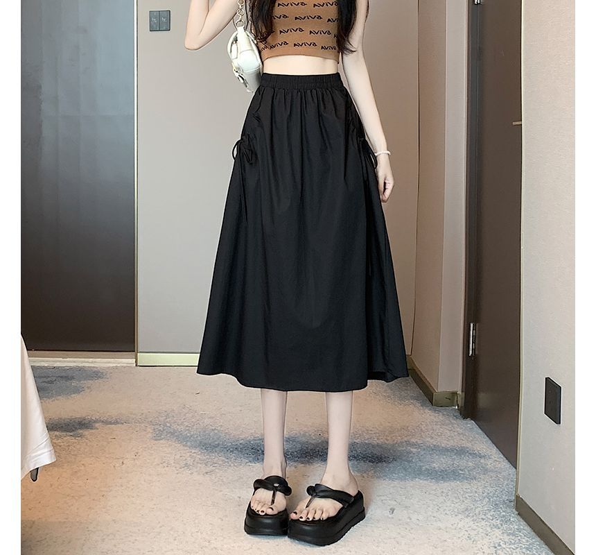 Elevated Rise Solid Drawstring A-Line Midi Skirt