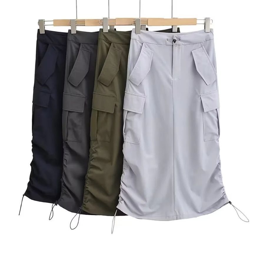 Drawstring Waist Solid Slit Straight Cargo Maxi Skirt