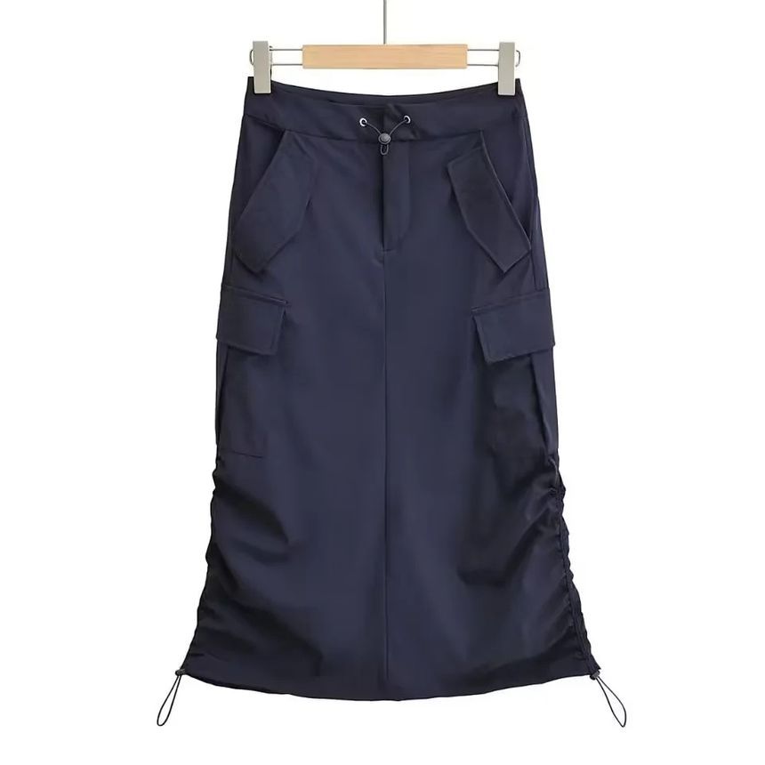 Drawstring Waist Solid Slit Straight Cargo Maxi Skirt