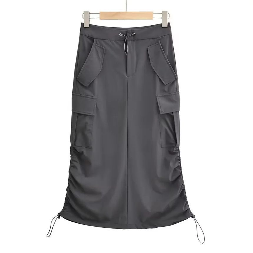 Drawstring Waist Solid Slit Straight Cargo Maxi Skirt