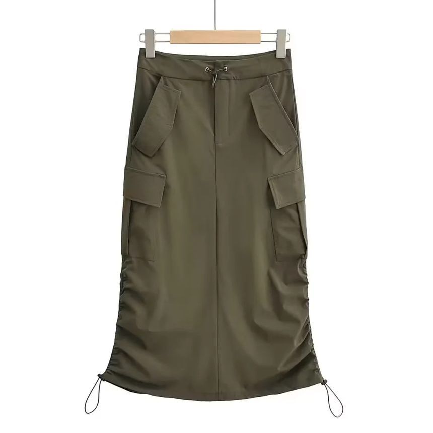 Drawstring Waist Solid Slit Straight Cargo Maxi Skirt