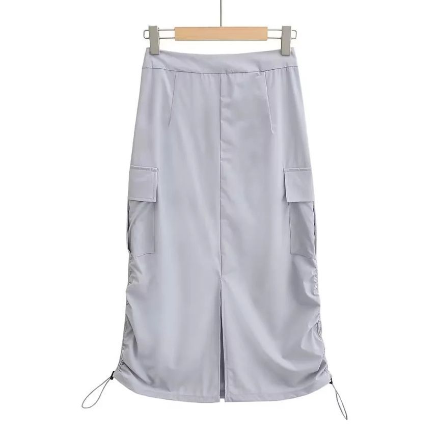 Drawstring Waist Solid Slit Straight Cargo Maxi Skirt