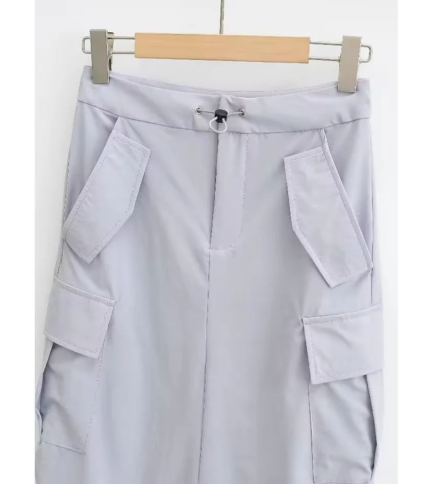 Drawstring Waist Solid Slit Straight Cargo Maxi Skirt