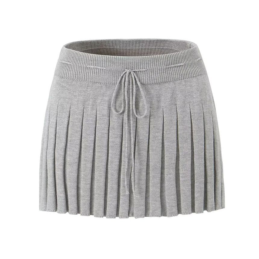 Drawstring Waist Solid Pleated Knit A-Line Mini Skirt